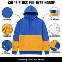 Sweat à capuche unisexe hiver bicolore bleu roi et jaune, double couche, avec cordon de serrage, poche kangourou et poignets côtelés bleus