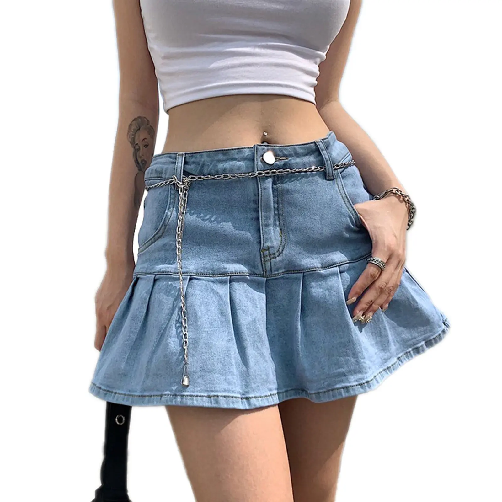 Mini saia jeans plissada, saia sensual com elástico na cintura alta para mulheres, short interno, babados, moda em denim maxi, imperdível