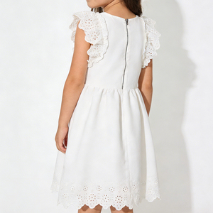 فستان أنيق عالي الجودة للأطفال بأكمام دانتيل مجوفة وتنورة بخصر ضيق وسحاب خلفي للفتيات - Product Image 3