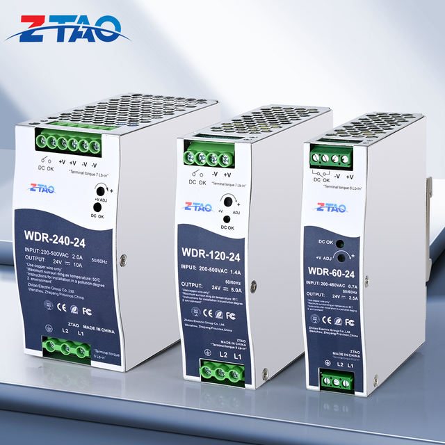 Industrial Din Rail Switching Power Supply WDR-60-24 WDR-120-24 WDR-240-24 12V 24V 2.5A 5A 10A 200~500VAC Input 60W 120W 240W