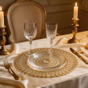 Assiettes de présentation modernes en <span class=keywords><strong>verre</strong></span> texturé de 13 pouces avec bordure en dentelle et points perlés, multicolores (or, argent, or rose), pour mariage - Product Image 1