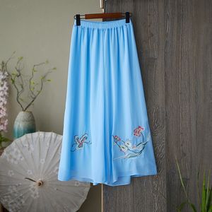 White And Sky Blue Chiffon Embroidered <b>Skirt</b> <b>Elastic</b> Waist Women's Casual Pants - Product Image 3