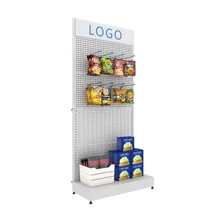 Food grade safe custom rack logo snack shop metal shelves pegboard display stand for phone accessories