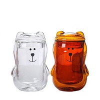 Gobelet en verre à double paroi isolé avec couvercle, motif ours mignon, pour la maison et la cuisine, en verre transparent ambré, pour eau, jus, lait