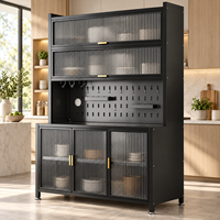 Armoire de cuisine en métal avec portes coulissantes en verre cannelé, armoire de rangement autoportante en acier noir