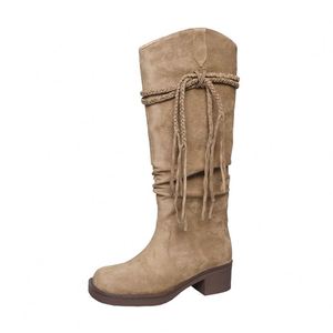 Bottes mi-hautes vintage pour femmes style western, collection automne-hiver 2025, design tendance avec franges, talons mi-hauts de 5 cm, à enfiler, pointure 40 - Product Image 5