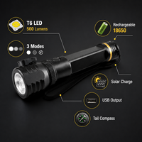 Linterna Táctica de Alta Potencia W565, Fuente de Luz T6, Resistente al Agua IP54, Recargable por USB y Energía Solar, Alcance de Haz de 200-300M para Exteriores