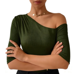 Top a Costine <span class=keywords><strong>Monospalla</strong></span> Verde Oliva da Donna, Vestibilità Slim, Mezza Manica, Asimmetrico, Casual, per Streetwear Quotidiano e Feste - Product Image 6