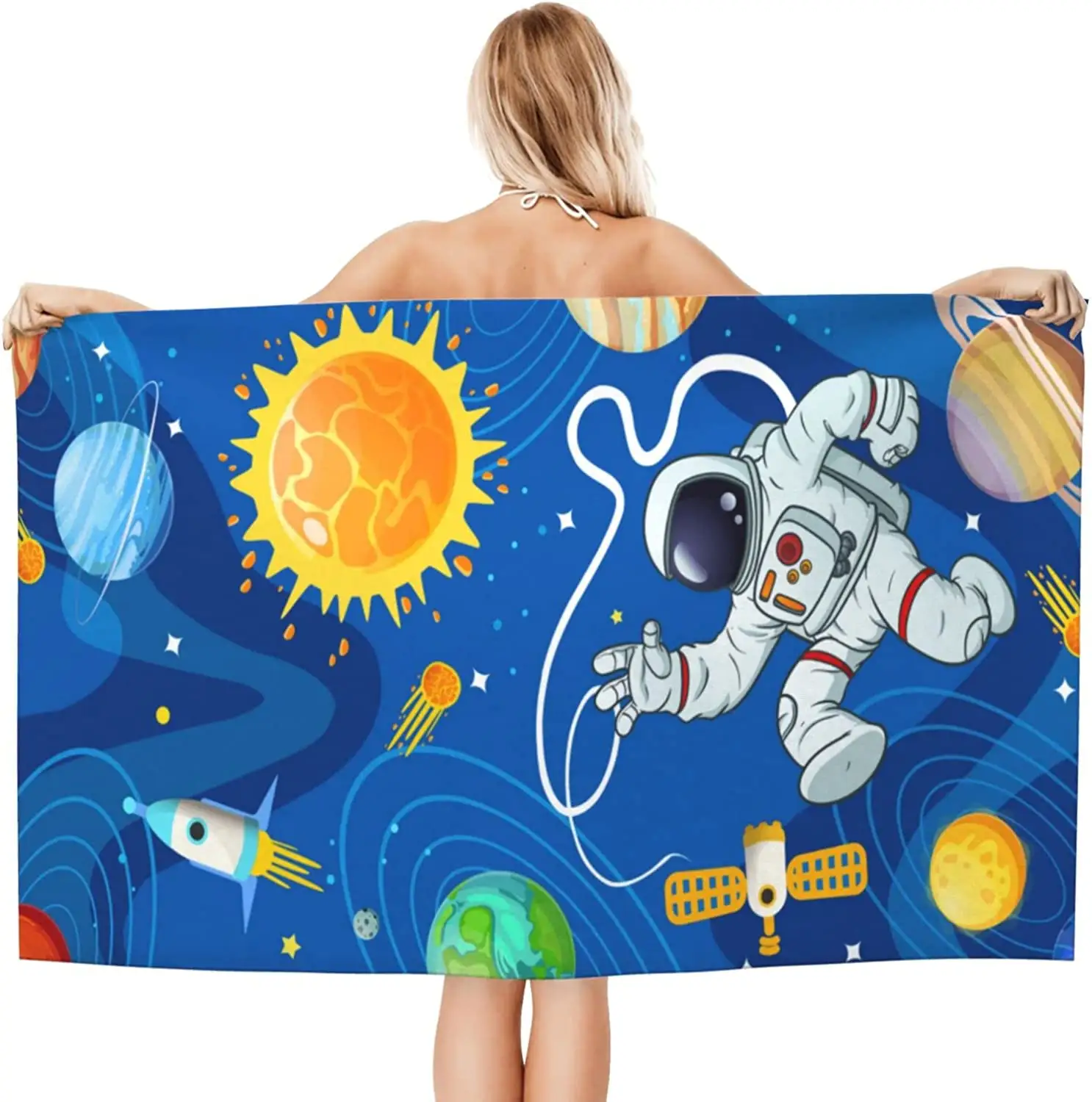Пляжное полотенце из микрофибры для мужчин и женщин, банное полотенце с рисунком астронавта, планеты, галактики, звездного неба, Луны, солнца, ракеты
