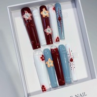 Kit de 10 faux ongles carrés faits main, motifs French Manucure, fleurs 3D, étoiles et pointes bleues, avec bords arrondis
