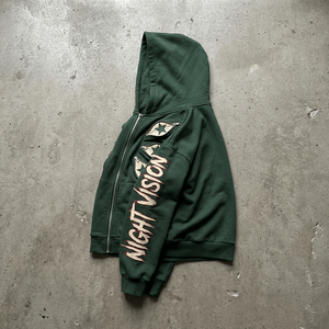 Sudadera con capucha de hombre de entrega rápida, verde oscuro, oversize, de punto, poliéster/algodón, estilo urbano, con cremallera, parches de estrellas bordados, manga larga - Product Image 1