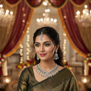 <b>Gold</b> Plated Alloy Pearl Bridal Shadow Choker Necklace <b>Set</b> Earrings Maang Tikka Ethnic Handmade High Quality Latest Wedding Gift - Product Image 3
