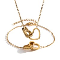 Collier/bracelet tendance en acier inoxydable plaqué or avec chaîne à maillons gravée et double fermoir en forme de cœur – Bijoux de mode en gros
