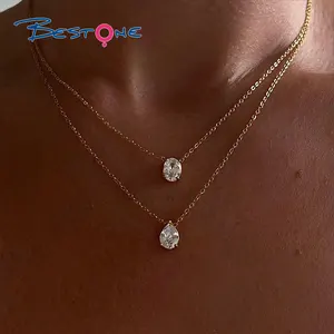 Kalung Choker tetesan air PVD emas 18K cantik perhiasan mode kalung liontin baja tahan karat Oval CZ zirkonia