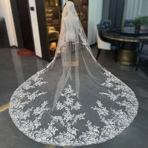 Voile de mariée ROMANTIC à une seule couche, longue et à grande traîne, en dentelle florale, super brillante - Product Image 1