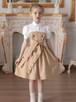 Robe d'été décontractée pour filles, en promotion, avec col à revers, boutonnée, manches courtes, coutures contrastées, couleur unie