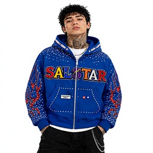 Sudadera con capucha y cremallera para hombre, personalizada, azul, con gráfico de diamantes de imitación, estilo urbano, premium, bordada, moda hip hop - Product Image 1