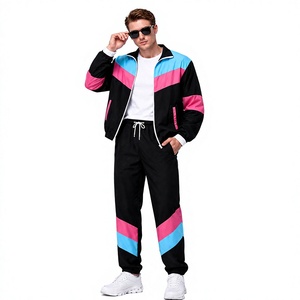 Conjunto Deportivo Retro para Hombre, Color Block, Negro, Rosa y Azul, Chaqueta con Cordón, Pantalones Jogger, Ropa Deportiva Informal, 100% Algodón, Secado Rápido - Product Image 5