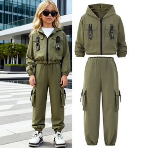 Set <span class=keywords><strong>Bambina</strong></span> INS Primavera Autunno: Giacca <span class=keywords><strong>Cargo</strong></span> con Cappuccio e Zip a Maniche Lunghe Tinta Unita, Stile Dolce e Cool, e Pantaloni <span class=keywords><strong>Cargo</strong></span> Jogger - 8-12 Anni - Product Image 1