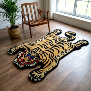 Tapis personnalisé fait main en laine et acrylique, motif tigre, style bohème, forme animale, avec dos antidérapant en caoutchouc, pour la décoration intérieure - Fabricant - Product Image 1