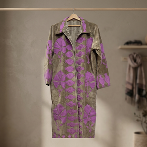 Wholesale Custom Handmade Taupe Grey <b>Velvet</b> Suzani Long Coat Featuring <b>Purple</b> Pomegranate Motif Applique Embroidery Vintage Boho - Product Image 6