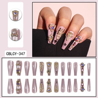 Uñas postizas de ataúd largas de acrílico ABS prensado estilo Y2K al por mayor con cobertura completa, pedrería de cristal y pegamento para uñas a presión.