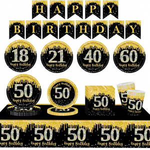 Ensemble de fournitures de fête jetables en papier noir et or sur le thème de l'<span class=keywords><strong>anniversaire</strong></span> pour toute l'année, comprenant des assiettes en papier, des gobelets en papier, des serviettes et une nappe - Product Image 1
