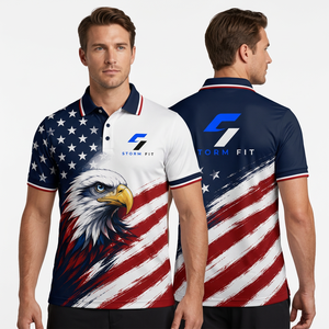 T-shirt personnalisé pour homme, séchage rapide, 100 % polyester tricoté, imprimé drapeau américain et aigle, sportif, manches courtes, coupe classique - Product Image 1