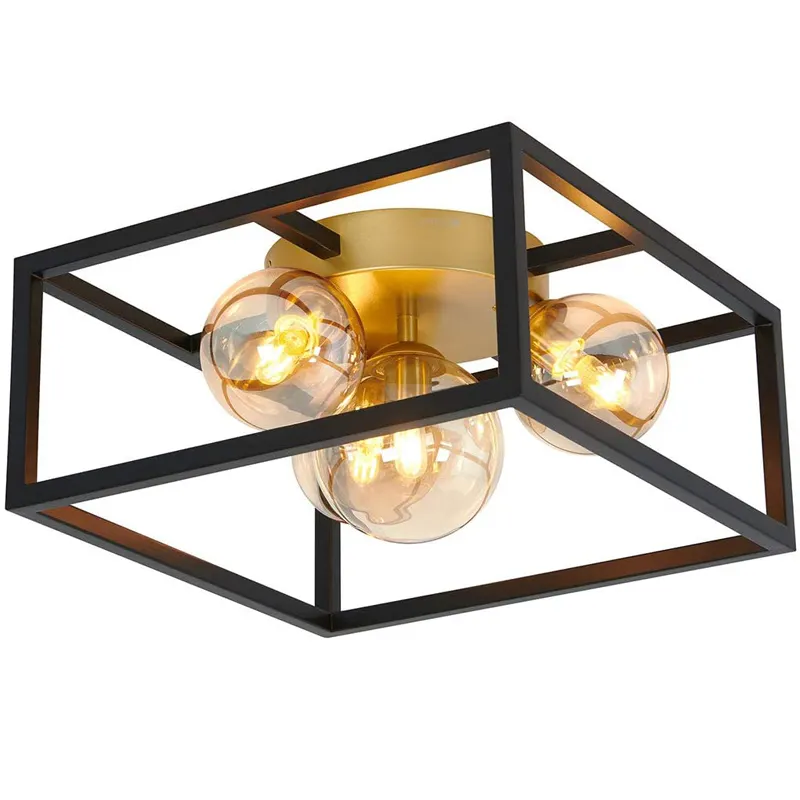 Antique Industrial Ceiling Lamp 4-Light LED Flush Mount Black Gold Metal Stair Pendant Light Lantern