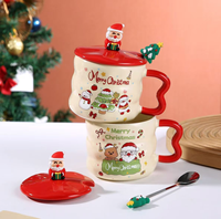 Ensemble de tasses en céramique de Noël avec couvercle 3D Père Noël, renne, bonhomme de neige, sapin de Noël, tasse à café avec cuillère, boîte cadeau de Noël, vaisselle de fête