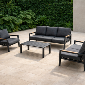 Set di Divani da Esterno Moderni in Alluminio <span class=keywords><strong>e</strong></span> Legno con Tessuto Resistente ai Raggi UV, Durevoli <span class=keywords><strong>e</strong></span> Impermeabili per Hotel <span class=keywords><strong>e</strong></span> Appartamenti - Product Image 1
