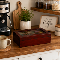 Boîte à thé élégante en bois de pin avec couvercle en verre, organisateur de sachets de thé à compartiments multiples, conteneur de rangement pour la cuisine, cadeau