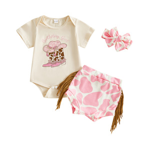 Conjunto de Boutique para Bebé, Mono de Manga Corta con Estampado Vaquero, Pantalones Cortos con Borlas, Diadema, <span class=keywords><strong>Traje</strong></span> para el Primer Cumpleaños de Niña para Sesión de Fotos - Product Image 4