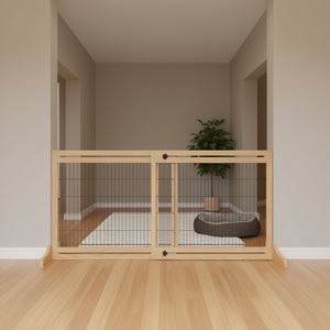 Barrière autoportante extra large pour animaux de compagnie, 72 po de large x 27,25 po de haut, en bois naturel, pour chiens et chats, usage intérieur, fermeture moderne à pousser vers le haut - Product Image 2