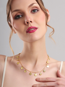 Shimmering <b>Disc</b> Fringe Necklace <b>Gold</b> Tone Multi Drop Chain Minimal Choker Style Elegant Lightweight Jewelry for Women - Product Image 4