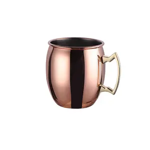 Moscow Mule Cangkir Stainless Steel, Mug Baja Tahan Karat Lapis Tembaga dengan Pegangan Emas, Cangkir Minum Logam untuk Bir