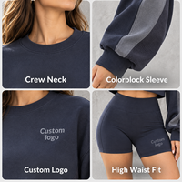 Ensemble de sport 2 pièces personnalisé pour femme, color block, sweat-shirt court à col rond et short taille haute, tenue douce pour l'entraînement et les loisirs en ville