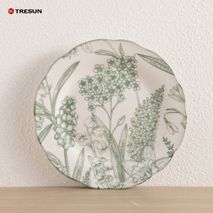Juego de Vajilla de Cerámica de Dos Tonos con Diseño Floral, Platos con Líneas Botánicas Verdes, Tazones a Rayas - Product Image 5