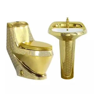 Nouveau design cuvette de toilette colorée une pièce luxe or toilette ensemble salle de bain piédestal bassin doré wc ensemble de toilette