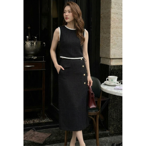 Ensemble haut sans manches et jupe midi noire pour femme, prêt à être expédié, avec boutons dorés, élégant, pour le bureau, vêtements de travail, best-seller - Product Image 1