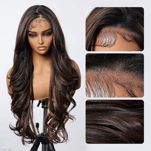 Perruque 13x6 HD <span class=keywords><strong>en</strong></span> Dentelle Marron Chocolat, Perruque Synthétique Lace Front Pré-épilée avec Baby Hair, <span class=keywords><strong>Cheveux</strong></span> Longs Ondulés de 28 Pouces pour Femmes - Product Image 6