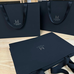 Bolsas de compras de papel de arte negro mate de lujo con logotipo en relieve incoloro para regalos de perfume zapatos mango de cinta de embalaje - Product Image 2