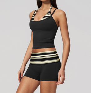 Conjunto de Top Halter a Rayas Reciclado y Shorts de Yoga con Cintura Plegable para Mujer, Ropa Deportiva Transpirable que Absorbe la Humedad - Product Image 4
