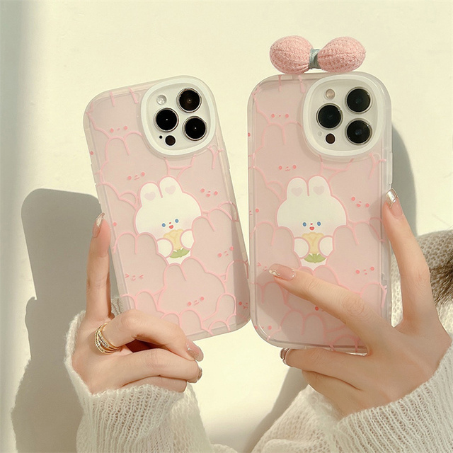 New Pink Kawaii Anime Cover Girl Cute Cartoon Bear Phone Case with Chain for iPhone 15 Plus 14 Pro Max