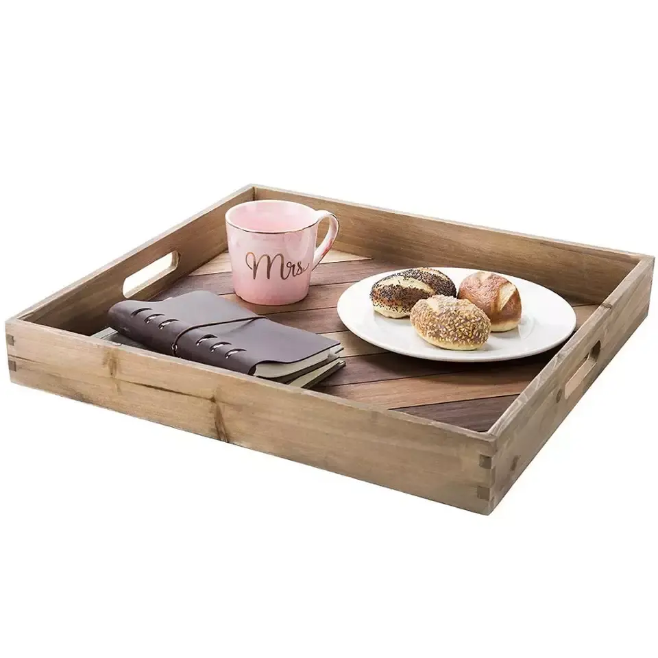 Lazy Susan Color Wholesale Rustic Kitchen Plate 18-Inch Square Multi-Color Wood Serving Tray with Handles