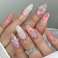 Faux ongles à presser en amande, roses, avec fleurs 3D, couvrance totale, réutilisables, fournitures pour salon et DIY