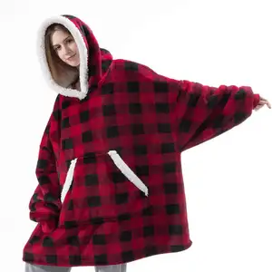 Sleeve Plaid Christmas Winter Christmas Wearable Blanket Hoodie Sherpa Oversized Hoodies For Women/Men