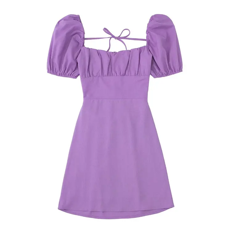 Vente en gros 8 couleurs mini robe dos nu à manches bouffantes pour dames couleur unie col carré dos à lacets robes de soirée