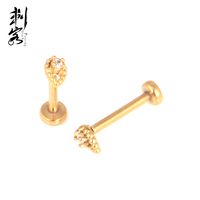 Labret sans filetage en acier inoxydable 316L plaqué or avec sertissage griffe et centre en zircone cubique, style à enfiler