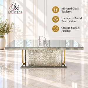 Mesa de Banquete de Acero Inoxidable de Lujo con Cubierta de Vidrio Espejo, Panel Texturizado y Pedestal, Proveedor Mayorista para Bodas y Eventos - Product Image 1